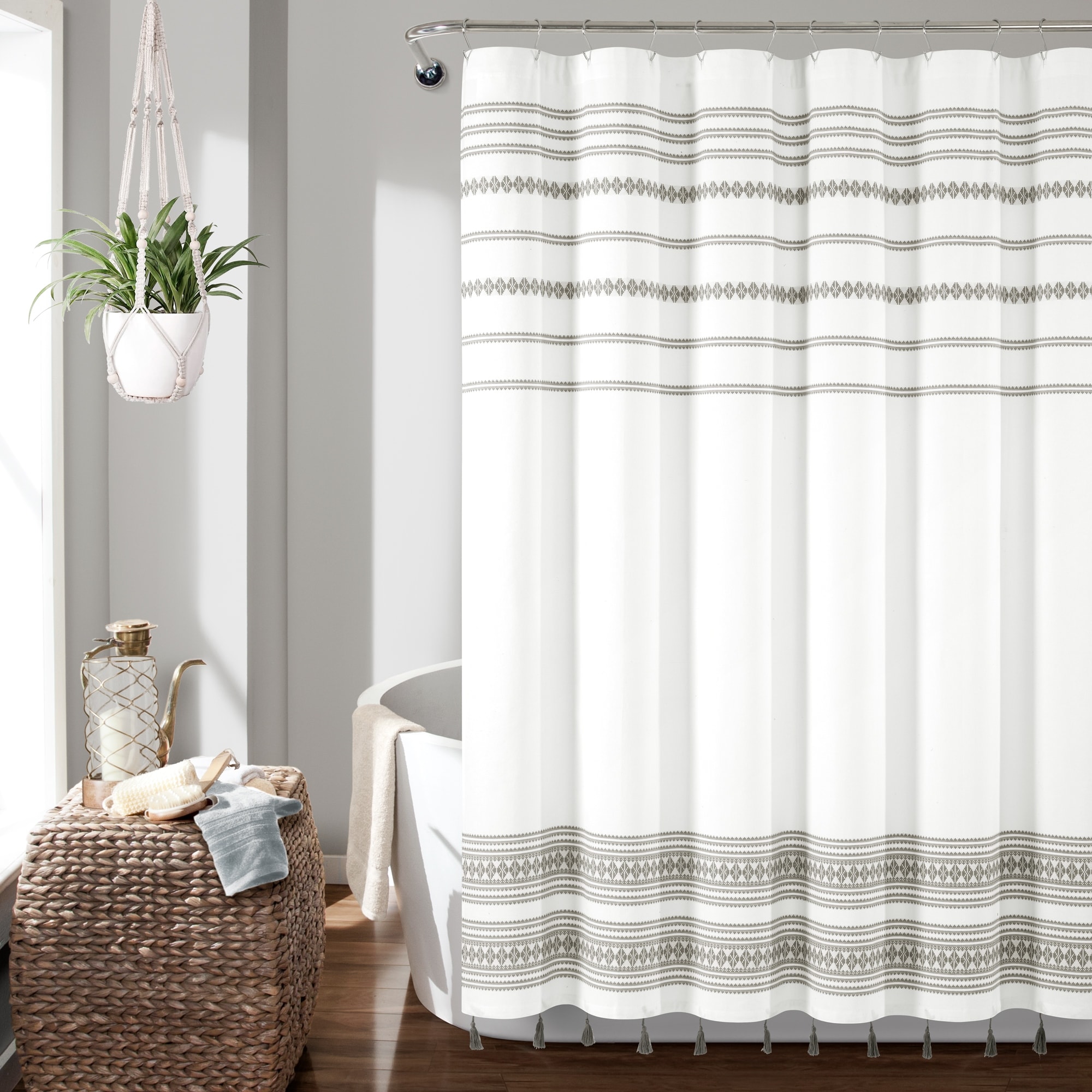 Lush Decor Breezy Chic Tassel Jacquard Eco-Friendly Recycled Cotton Shower Curtain Single