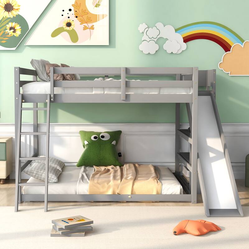 Full Over Full Bunk Bed with Slide, Ladder, and Shelves, Space-Saving Design - Grey - Full