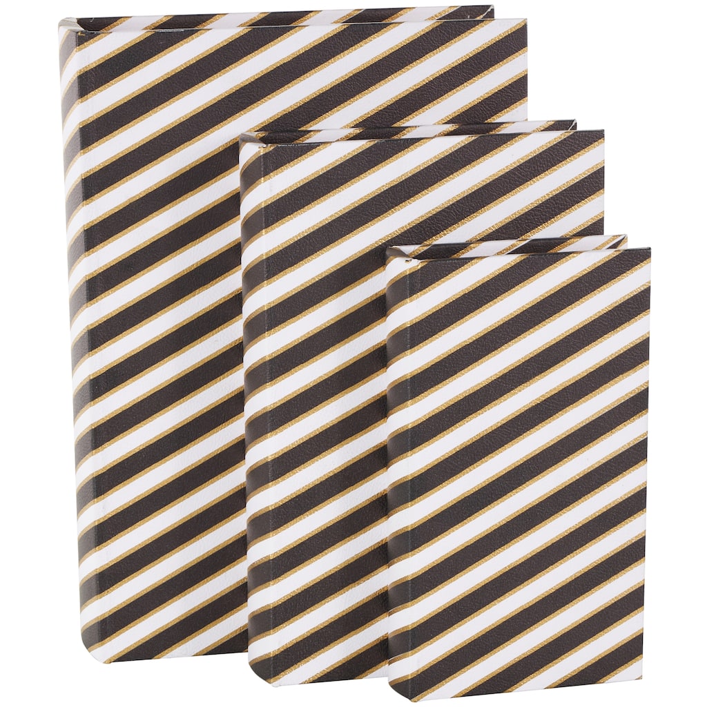 Faux Leather Striped Faux Book Storage Box with White and Metallic Gold Accents - Set of 3 Black - Roche River Decor