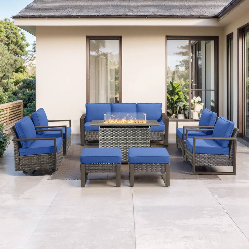 Pocassy 8 Pieces Outdoor Sofa Chair Ottoman with Fire Pit Table Set - Blue cushion - Gray Wicker