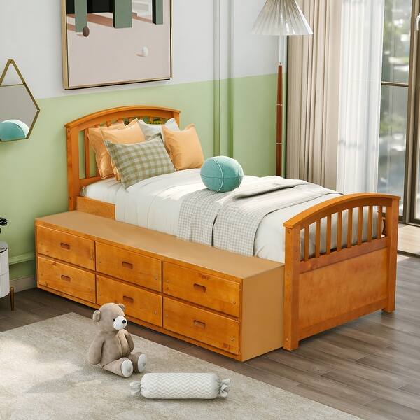 slide 2 of 8, Twin Size Platform Bed Made of Solid Wood with 6 Storage Drawers Oak