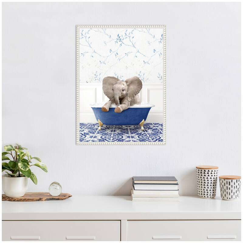 Kate and Laurel Sylvie Baby Elephant No6 in Eclectic Blue Bath Framed Canvas by Amy Peterson