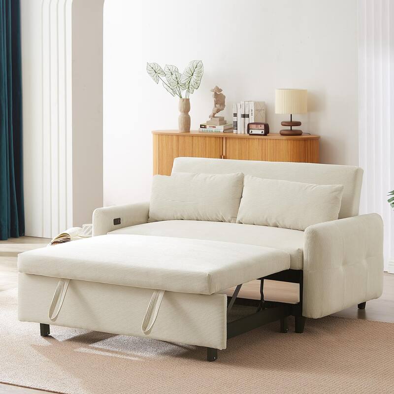 57.48" Corduroy Convertible Sofa Bed with Pull-Out Sleeper, Adjustable Backrest & USB