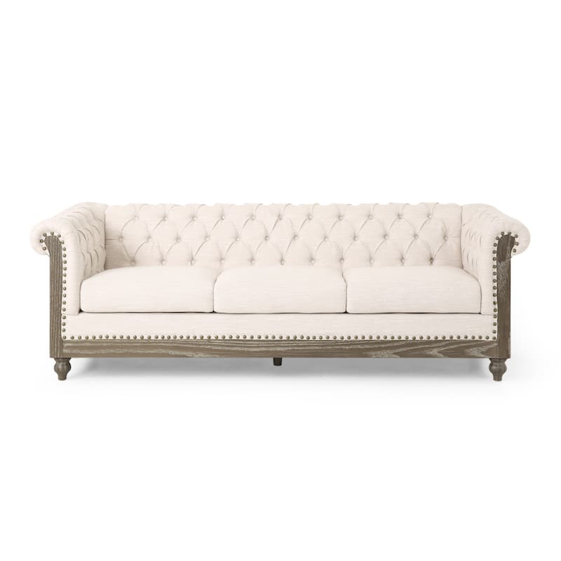 3-Seat Sofa with Retro Wood Legs, Tufted Upholstery - Durable Design