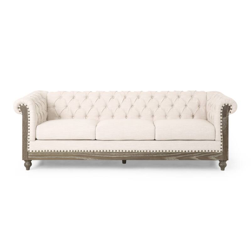 Elegant Tufted Sofa with Solid Wood Retro Legs and Metal Rivet Accents, 85.5'' Wide