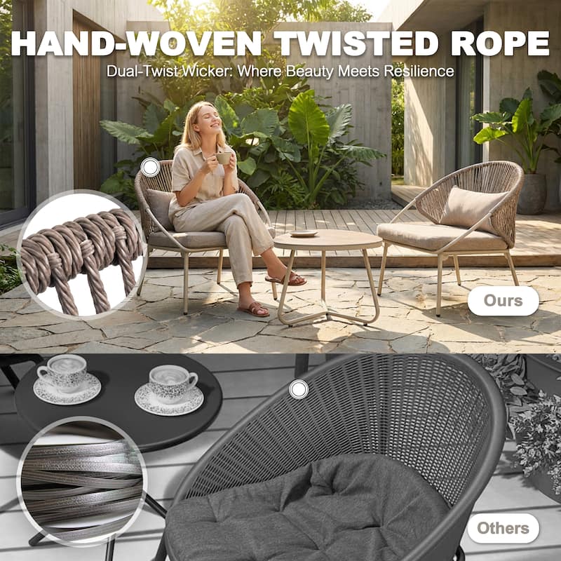 3PCS Metal and PE Wicker Patio Bistro Set with Zippered Cushions, Wood-Grain Tabletop