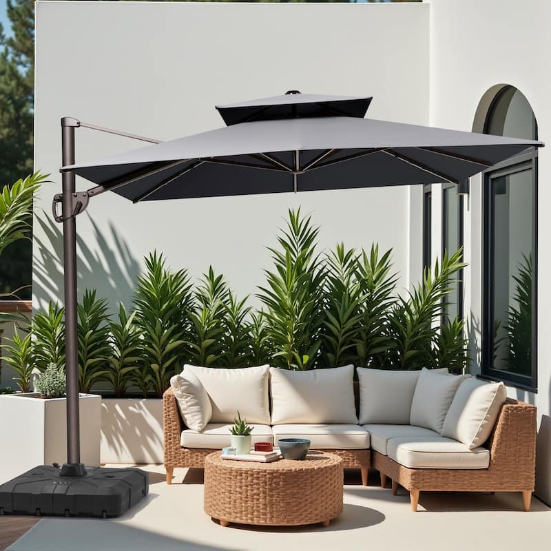 11 x 9 ft Outdoor Rectangular Patio Offset Cantilever Umbrella with 360-degree Rotation and 6 Shade Angles - Dark Grey - with Base