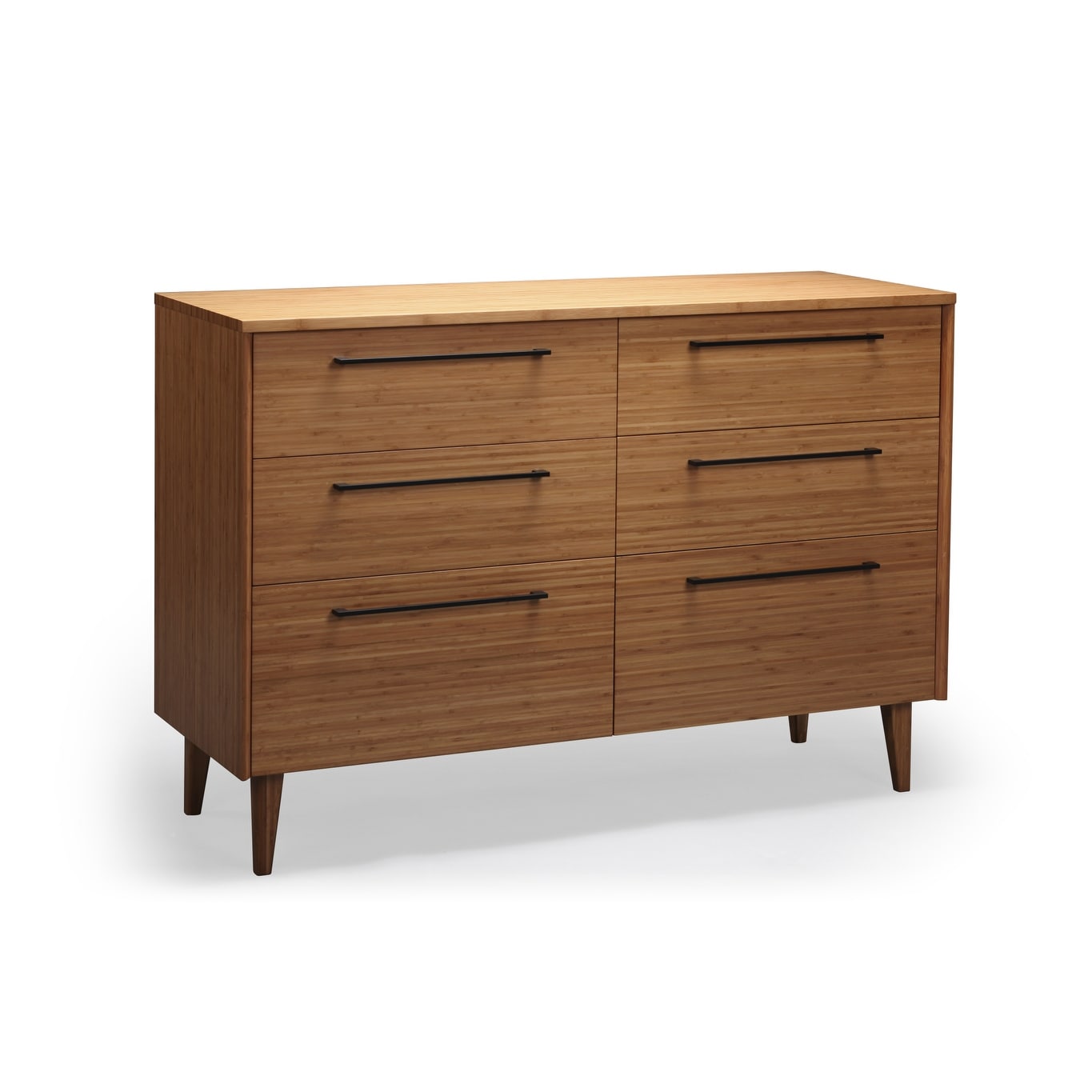 A six-drawer double dresser in a light wood finish with black handles.
