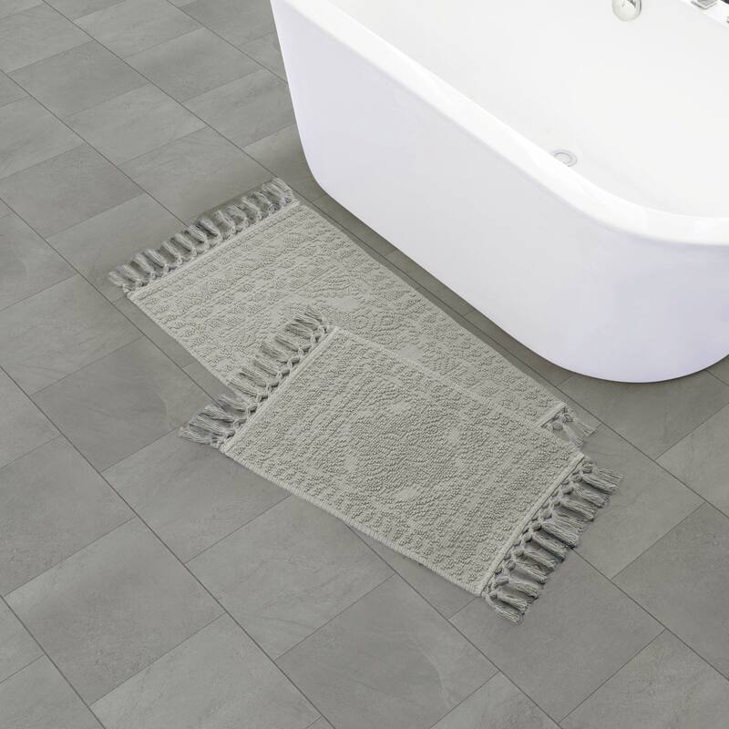 French Connection Nellore Fringe Cotton Bath Rug - 17x24/20x34 - Medium Blue