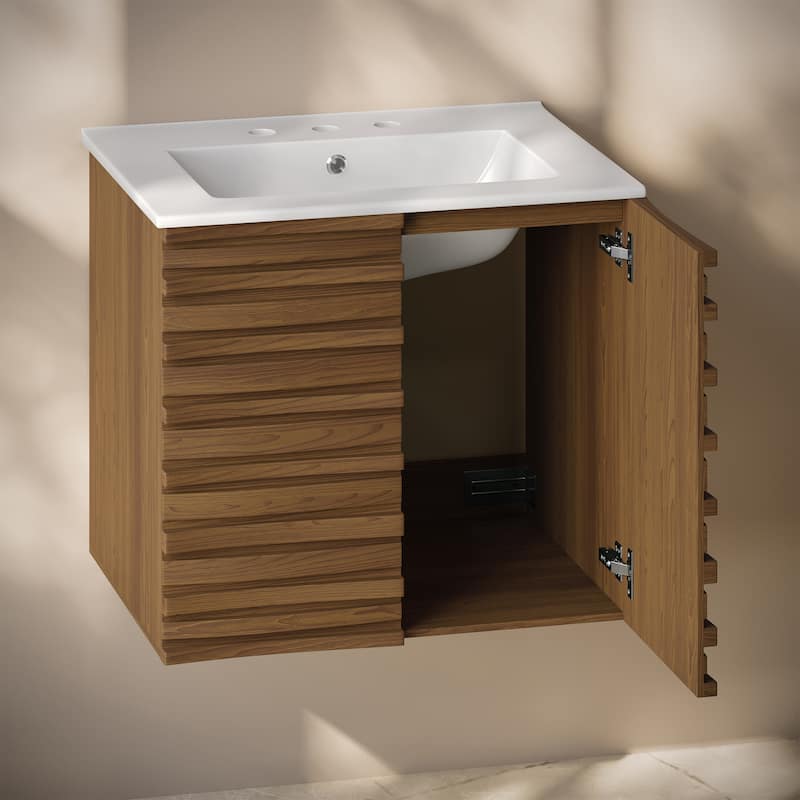 Cascade 24" Wall-Mounted Bathroom Vanity In Brown Oak With 3-Hole Widespread Sink Top - 24
