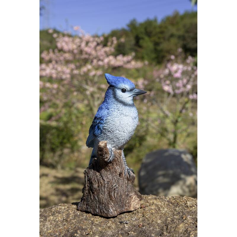 6.5" Blue White Motion Activated Singing Blue Jay Stump Figurine