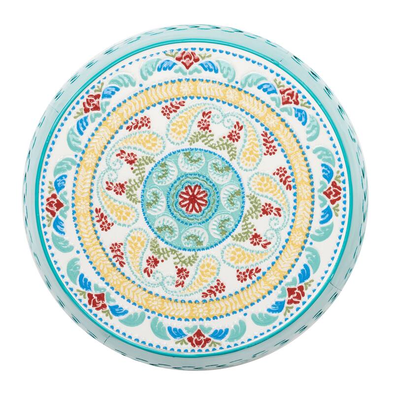 18.25" Modern Round Side Table with Boho Pattern Ceramic Tile Top and Unique Color Iron Frame