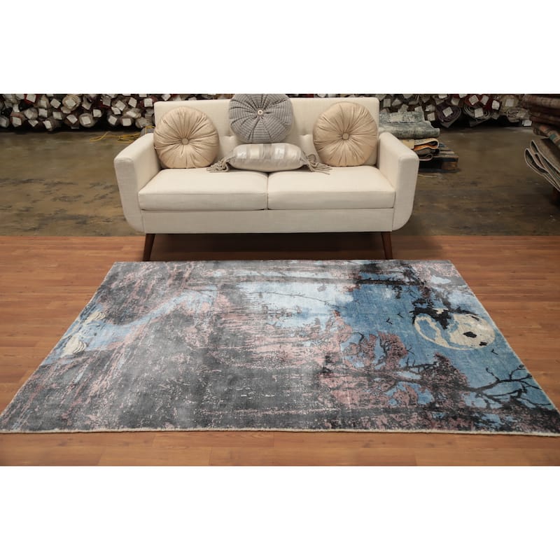 Hand Knotted Oriental Viscose Silk Carpet Modern Pictorial Navy Blue & Blues Abstract Area Rug - 6' 4'' X 4' 8''