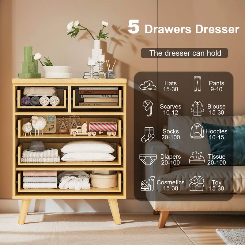 Pocassy Wide Modern Chest of Drawers 5 Drawer Dresser for Bedroom.