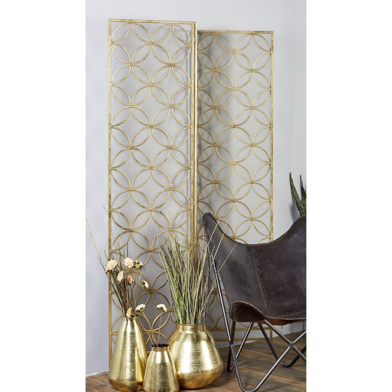 Metal Geometric Hinged Foldable Partition 3 Panel Partition Room Divider Screen - Brass - Roche River Decor