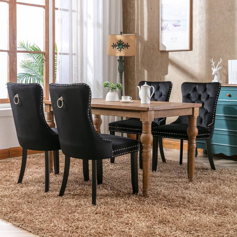 Velvet Dining Chairs Set of 2, Upholstered Dining Chairs with Button Tufted Back, Nailhead Trim & Ring Pull Wingback