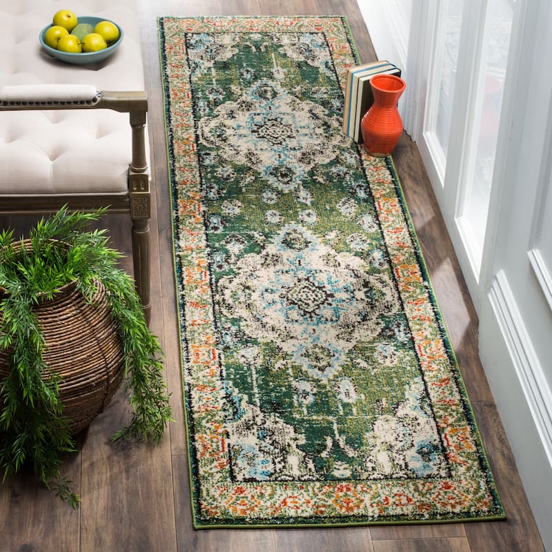 SAFAVIEH Monaco Oceane Boho Medallion Distressed Area Rug - 2'2" x 8' Runner - Forest Green/Light Blue