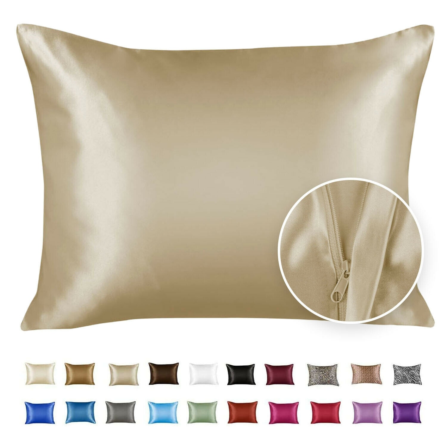 Satin Pillowcase for Hair and Skin with Hidden Zipper King 2 Pack Champagne