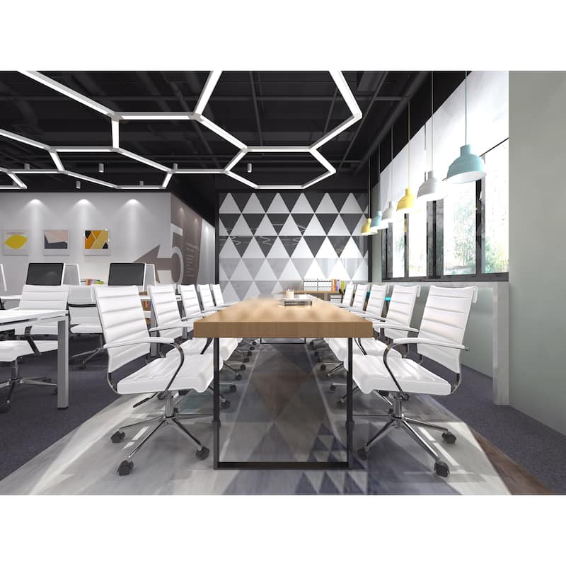 Black Office Chairs Mid Back Ribbed PU Leather Executive Task Work Conference With Arms Wheels Tilt Swivel Rolling