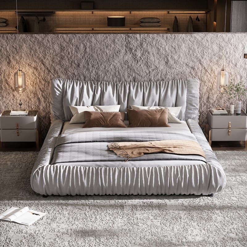 King Size Low Profile Platform Bed with Removable Cushion and Solid Wood Frame Modern Fully Upholstered Bed Frame with Headboard