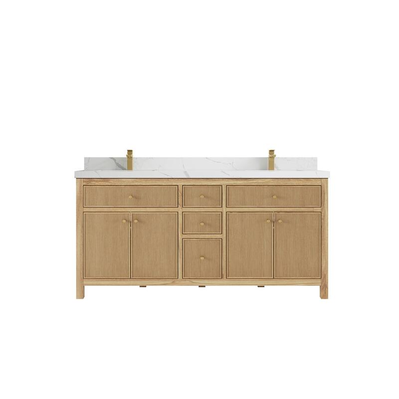 Willow Collections 72 in. W x 22 in. D Sonoma Teak Double Sink Bathroom Vanity with Countertop - 2" Calacatta Laza - Light Natural