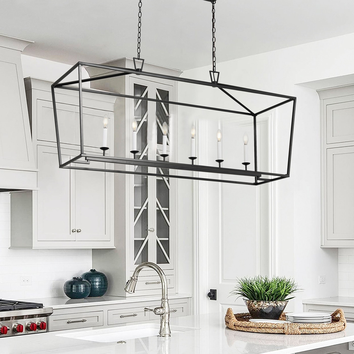 AIWEN Farmhouse Matte Black 6-Light Rectangle Kitchen Island Chandelier