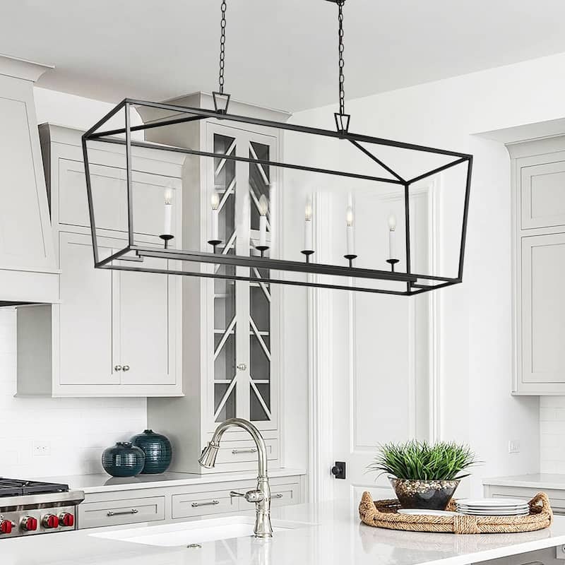 Farmhouse Matte Black 6-Light Rectangle Kitchen Island Chandelier