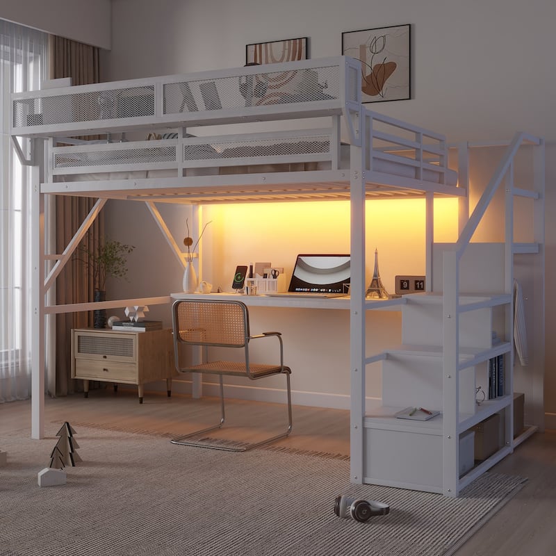Iron Loft Bed Frame with Desk, Charging Station, Bedside Shelf and Wardrobe, Heavy Duty Metal Loftbed with LED Lights