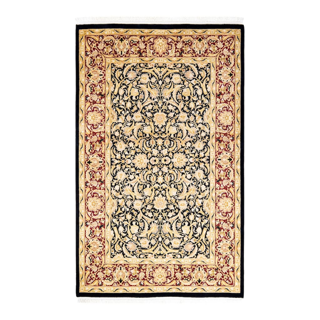 Overton Hand Knotted Wool Traditional Oriental Black Area Rug - 4' x 6'
