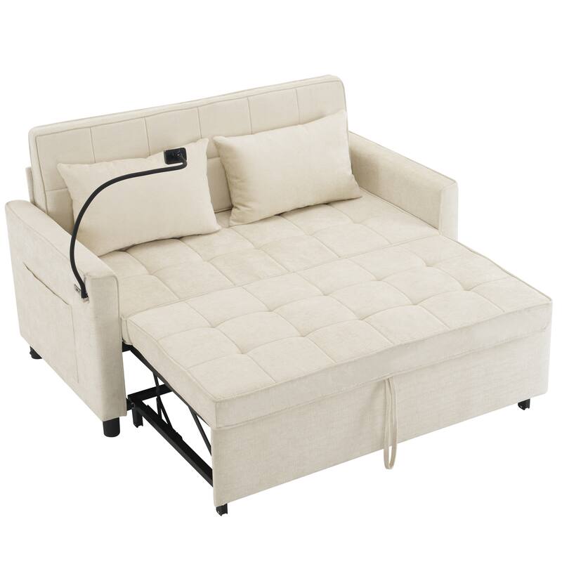Loveseat Convertible Pull-out Sleeper Sofa Bed, with Reversible Backrest Cushion 2 USB Ports and Pockets Sleeper Couch