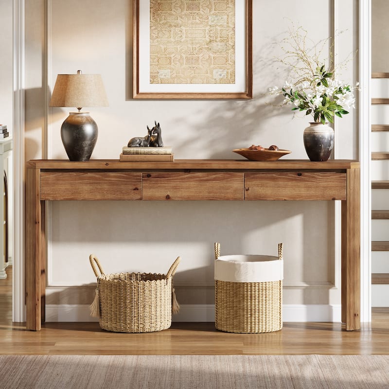 63 Inch Solid Wood Console Table with 3 Drawers, Sofa Table Behind the Couch, Farmhouse Style - 11.81" D x 62.99" W x 31.5" H