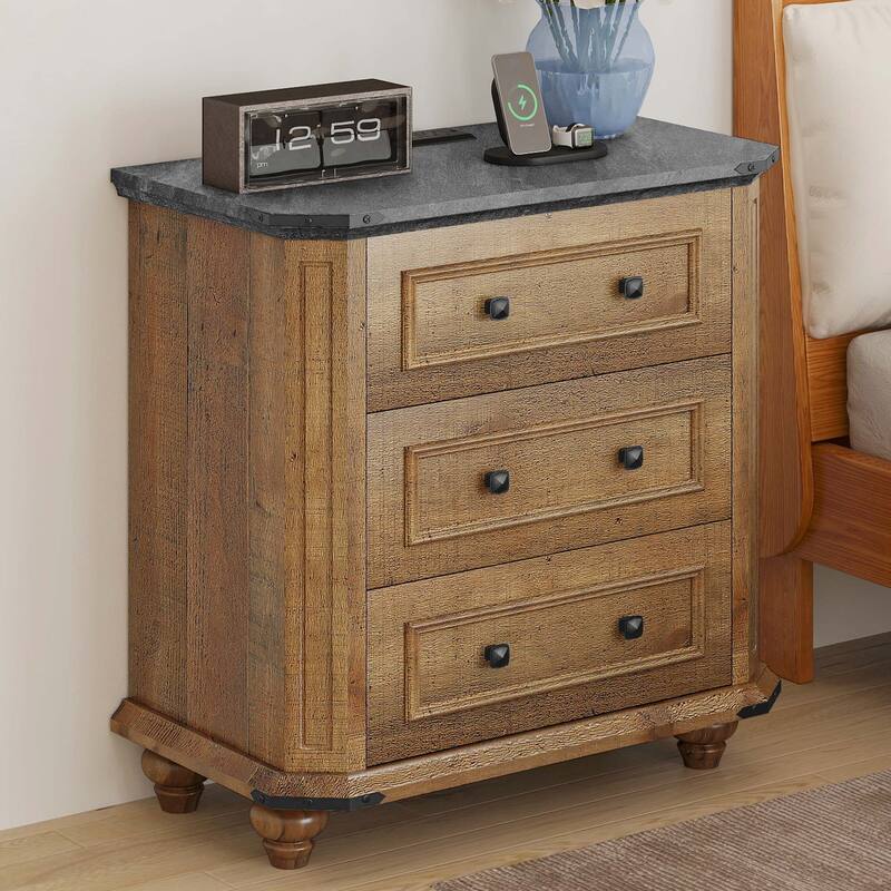 Farmhouse End Table, Sofa Side Table with Charging Station