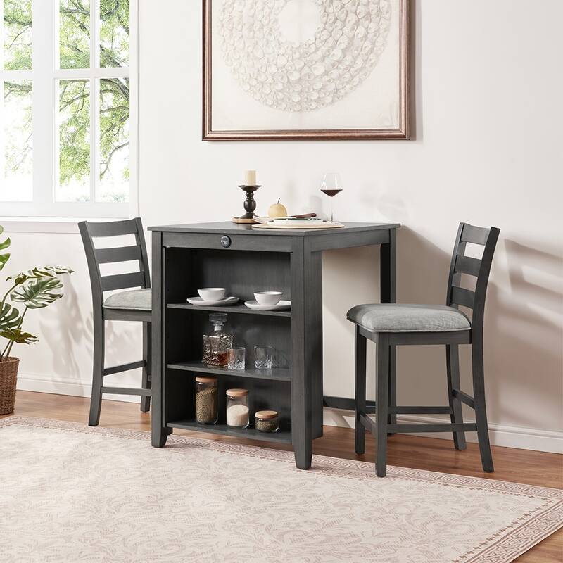 30" Modern Dining Table Set, 2-Seater Charging Station 3-Tier Storage - Grey