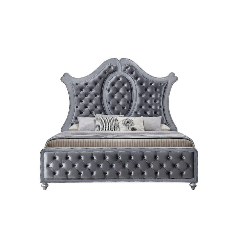 Rall King Size Bed, Curved Wood Headboard, Tufted Gray Fabric Upholstery