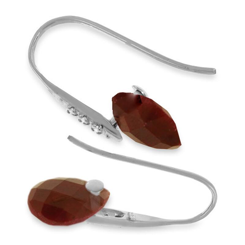 14K Solid Gold Fish Hook Earrings w/ Diamonds & Dangling Dyed Rubies