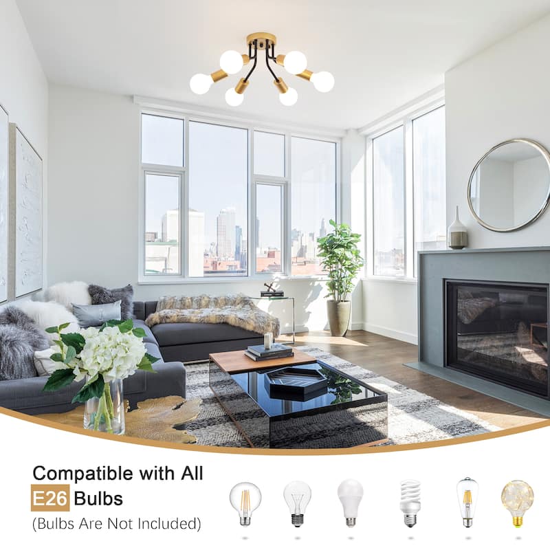 6-Light Modern Sputnik Light Fixture Semi Flush Mount Ceiling Lighting - 14.76' W