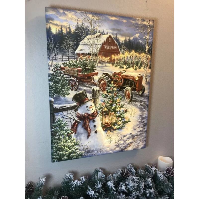 24"x18" White Green Christmas Tree Farm Back-lit Wall Art