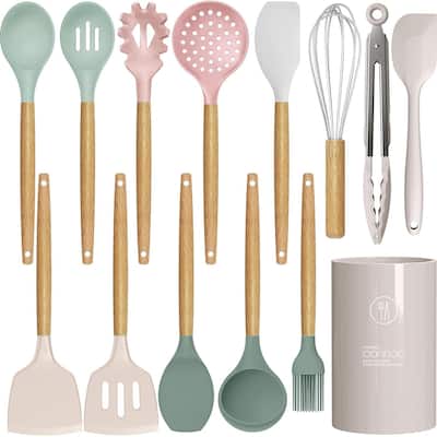 14 Pcs Silicone Cooking Utensils Kitchen Utensil Set - Turner Tongs,Spatula,Spoon,Brush,Whisk, Wooden Handles Gadgets Tools