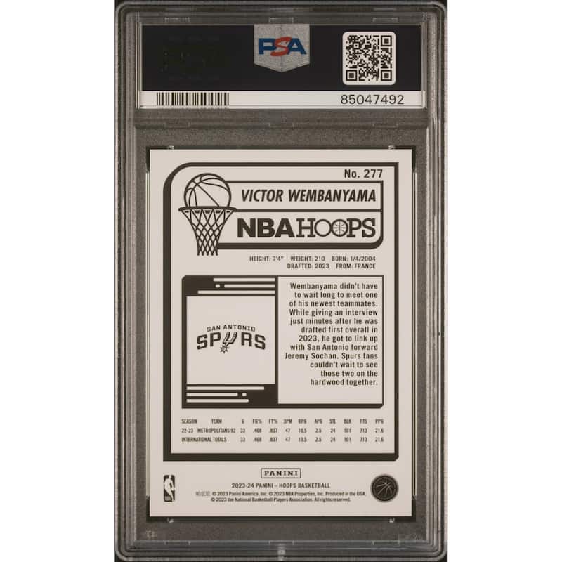 Victor Wembanyama 2023 Panini Hoops Basketball Rookie Card #277 Graded PSA 10 - 8'6" x 11'6"