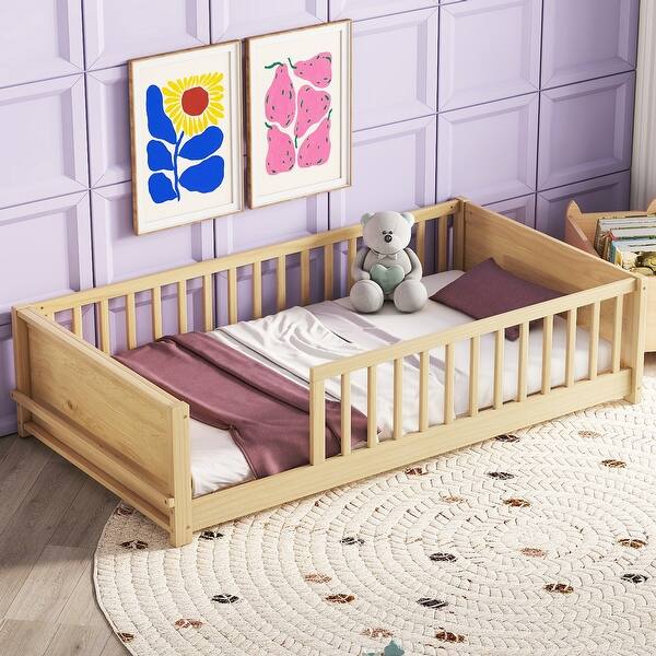 slide 2 of 11, Natural Twin Size Pine Wood Floor Platform Bed with Fence Natural