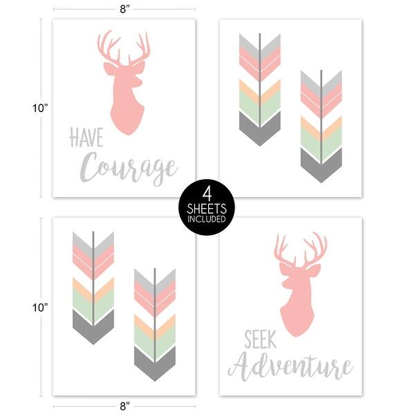 Sweet Jojo Designs Coral Mint Grey Woodland Deer Woodsy Collection Wall Decor Art Prints (Set of 4) - Adventure Courage