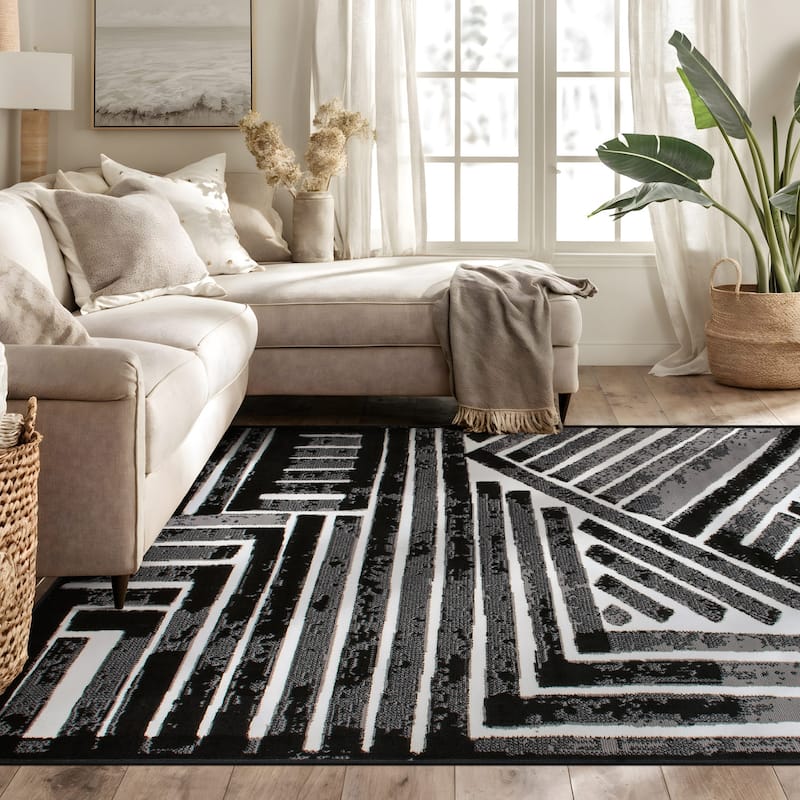 World Rug Gallery Contemporary Stripe Design Black / Gray / Ivory Area Rug - 5' X 7'