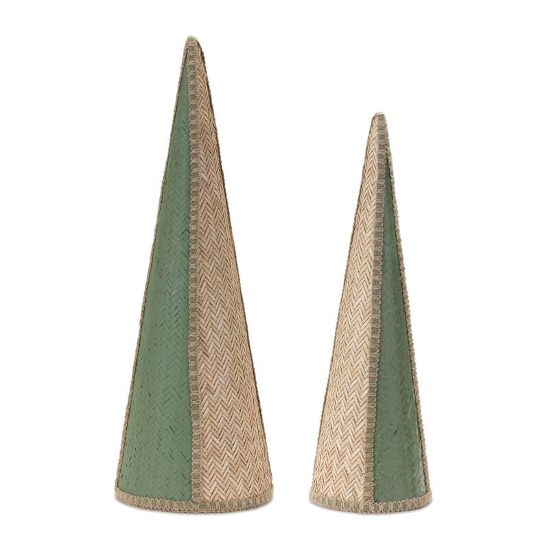 Woven Cone Pine Tree Christmas Decorations - 22" - Green and Beige - Set of 2