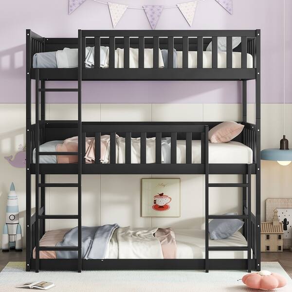 slide 2 of 13, Distinctive Twin over Twin over Twin Triple Rubber Wood Bunk Kids Bed with Two Built-in Ladders and Guardrails Black