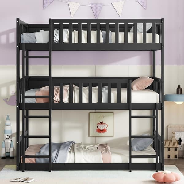 slide 2 of 13, Twin Triple Bunk Bed Black Detachable Bunk Floor Bed Frame w/ Guardrails, Can Be Converted into 3 Individual Twin Beds for Kids Black - Twin