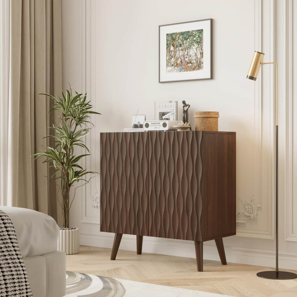 EROMMY Accent Storage Cabinet with Adjustable Shelves, Two-Door Wavy Door Sideboard for Dining Room or Entryway