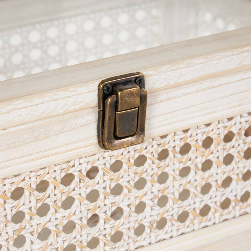Metal Handmade Woven Storage Box with Bronze Latches and Tempered Glass Tops - Set of 2 Cream - Roche River Decor