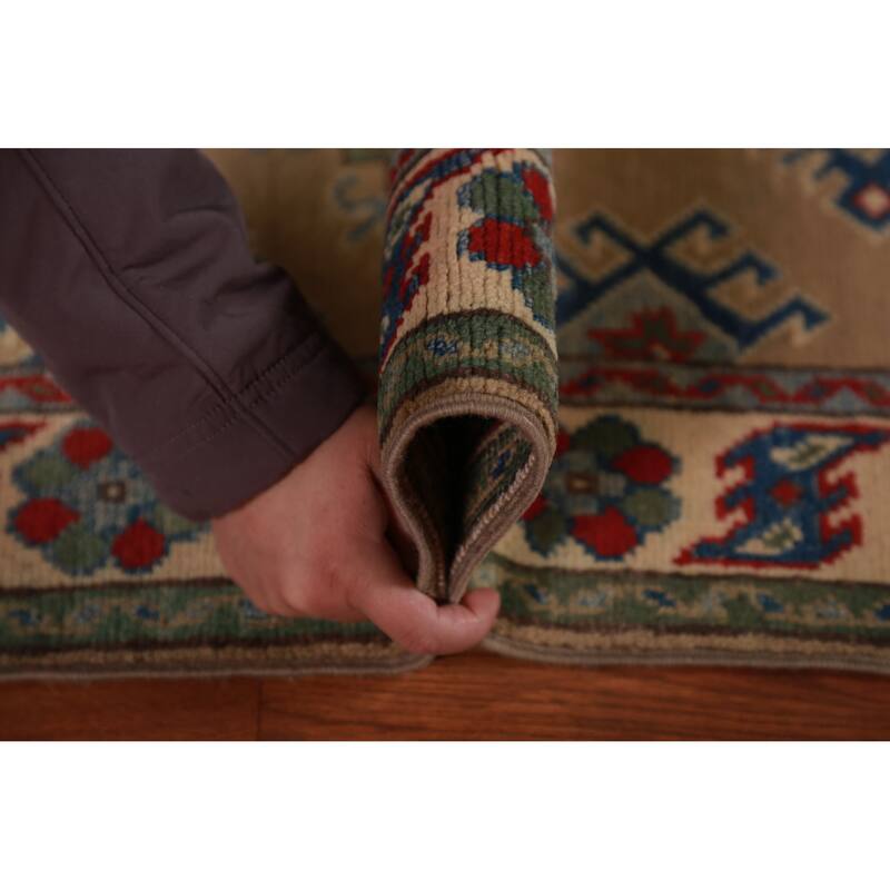 Brown Geometric Kazak Foyer Rug Hand-Knotted Wool Carpet - 2'7"x 4'0"