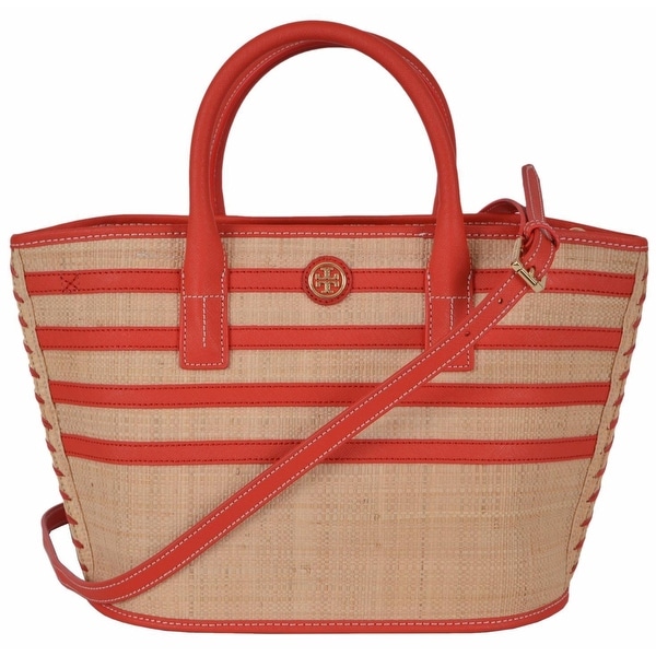 Shop Tory Burch Natural Red Straw Leather Stripe Mini Purse Crossbody Tote - Overstock - 21525840