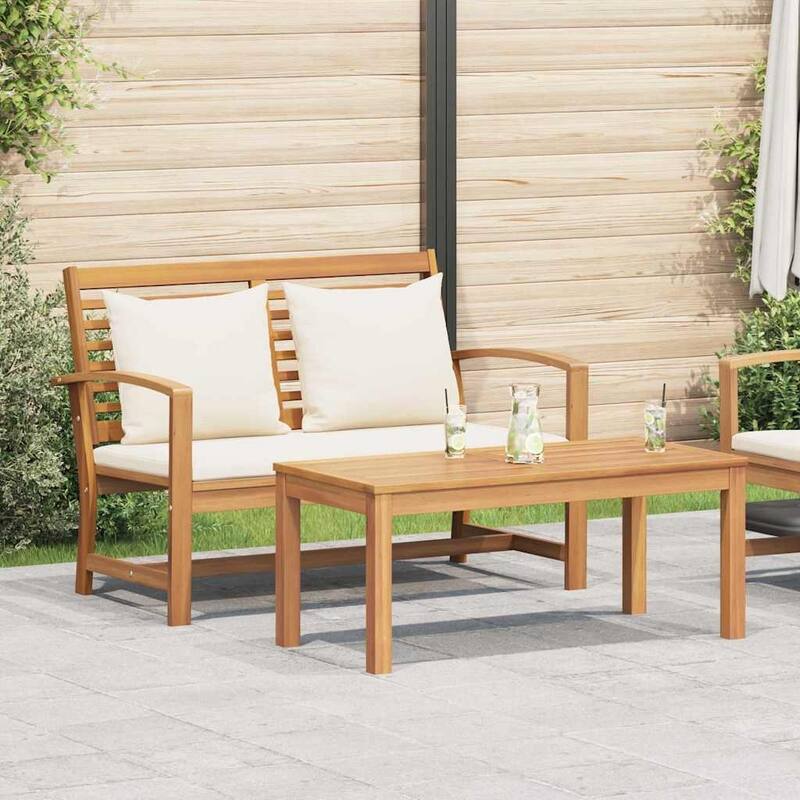 vidaXL Garden Sofa Set 2 pcs Natural Solid teak wood - 37.4 x 17.7 x 15.7 - Natural and cream-Bench + table